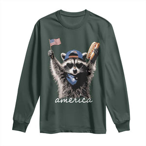Funny America Raccoon Happy 4th of July Long Sleeve Shirt Holding Hotdog and US Flag Patriotic Graphic
