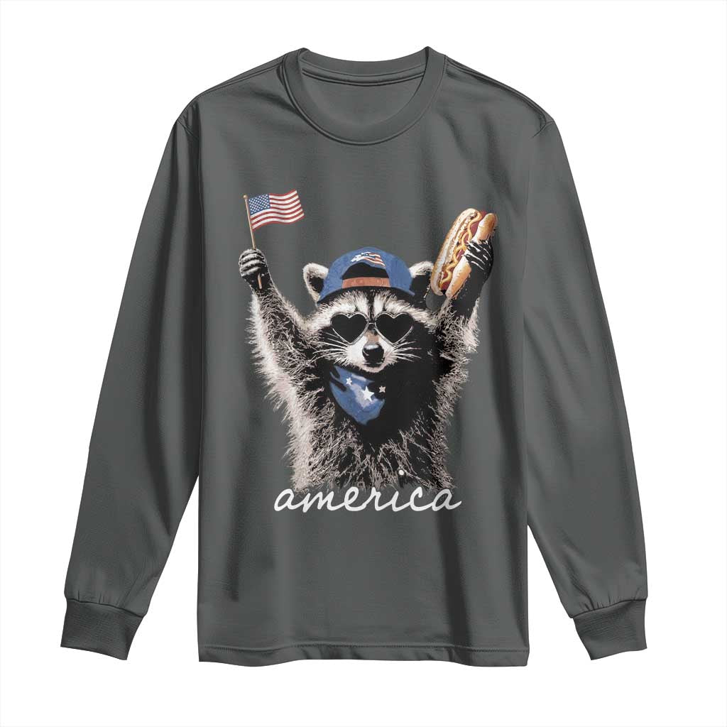 Funny America Raccoon Happy 4th of July Long Sleeve Shirt Holding Hotdog and US Flag Patriotic Graphic