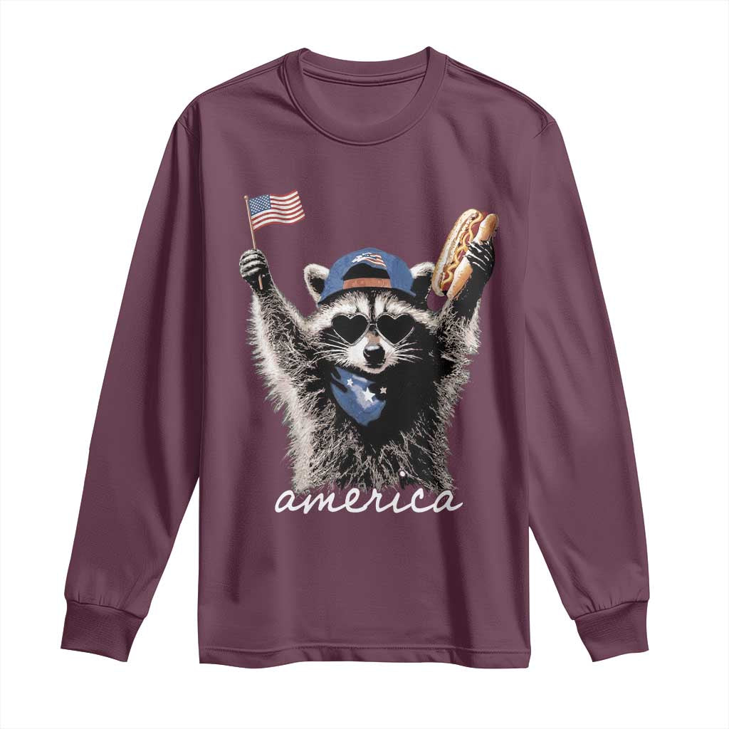 Funny America Raccoon Happy 4th of July Long Sleeve Shirt Holding Hotdog and US Flag Patriotic Graphic