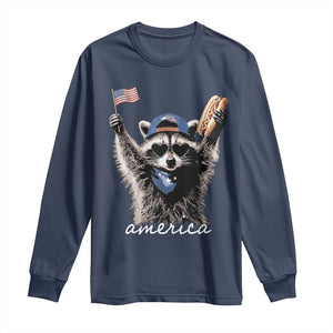 Funny America Raccoon Happy 4th of July Long Sleeve Shirt Holding Hotdog and US Flag Patriotic Graphic