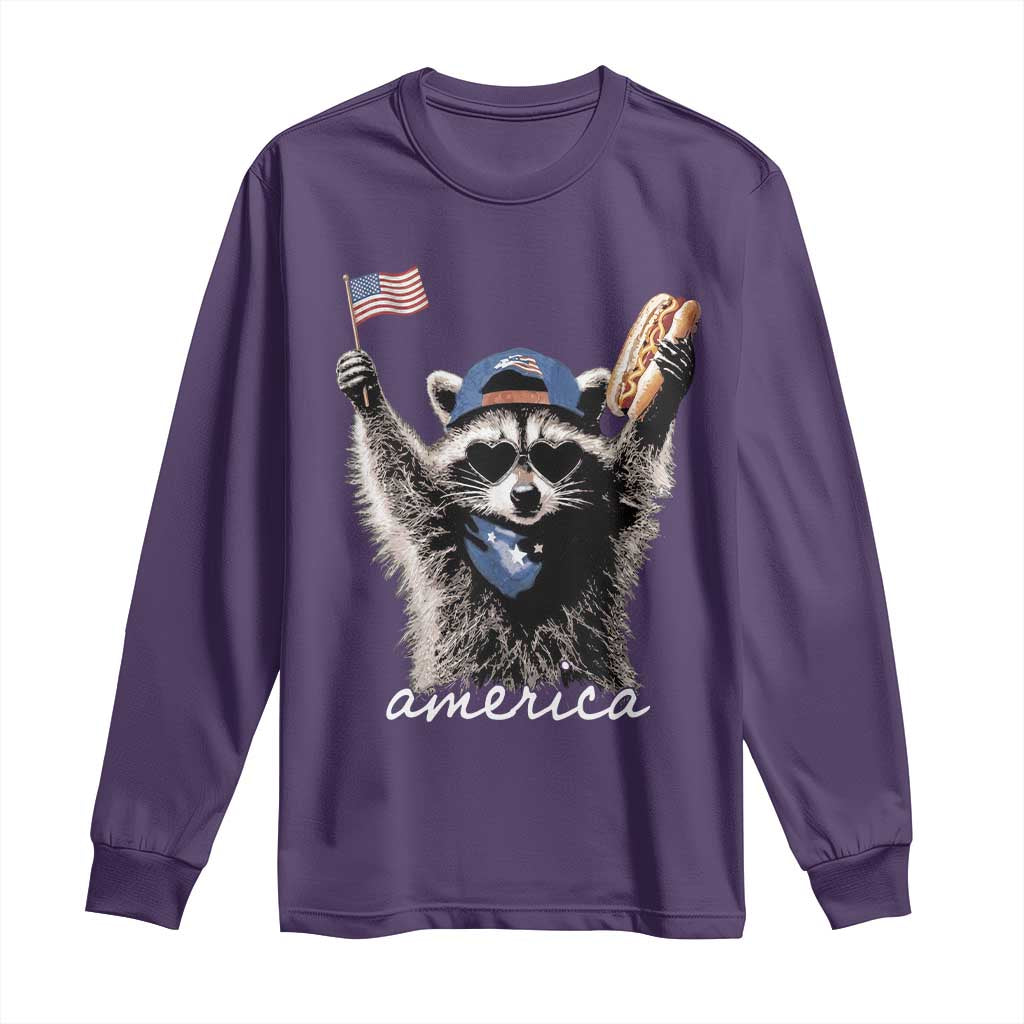 Funny America Raccoon Happy 4th of July Long Sleeve Shirt Holding Hotdog and US Flag Patriotic Graphic