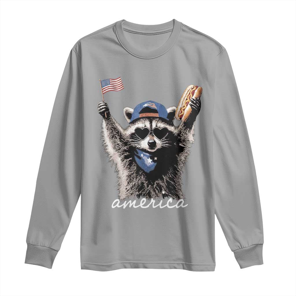 Funny America Raccoon Happy 4th of July Long Sleeve Shirt Holding Hotdog and US Flag Patriotic Graphic