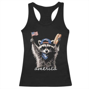 Funny America Raccoon Happy 4th of July Racerback Tank Top Holding Hotdog and US Flag Patriotic Graphic