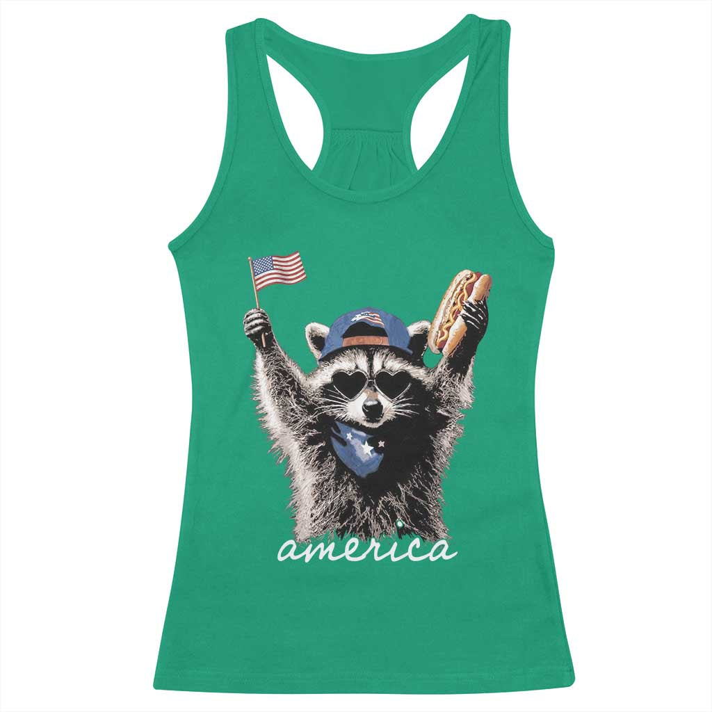 Funny America Raccoon Happy 4th of July Racerback Tank Top Holding Hotdog and US Flag Patriotic Graphic