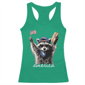 Funny America Raccoon Happy 4th of July Racerback Tank Top Holding Hotdog and US Flag Patriotic Graphic