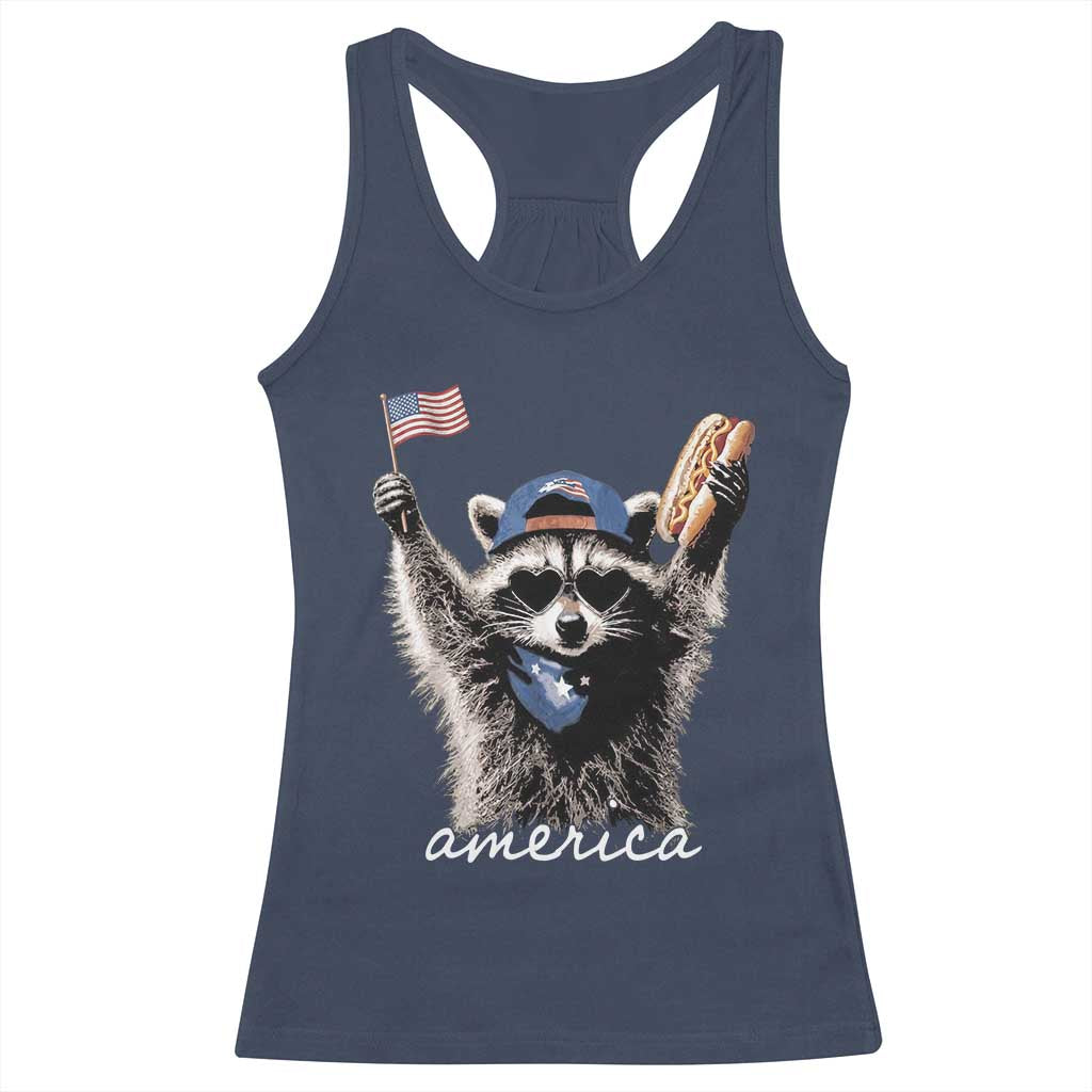 Funny America Raccoon Happy 4th of July Racerback Tank Top Holding Hotdog and US Flag Patriotic Graphic