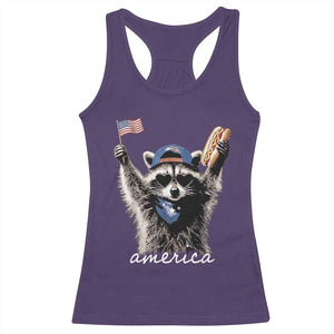 Funny America Raccoon Happy 4th of July Racerback Tank Top Holding Hotdog and US Flag Patriotic Graphic