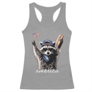 Funny America Raccoon Happy 4th of July Racerback Tank Top Holding Hotdog and US Flag Patriotic Graphic