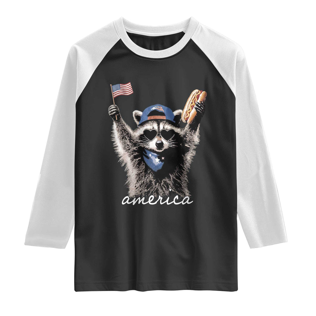 Funny America Raccoon Happy 4th of July Raglan Shirt Holding Hotdog and US Flag Patriotic Graphic