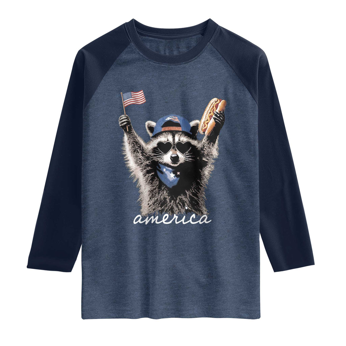 Funny America Raccoon Happy 4th of July Raglan Shirt Holding Hotdog and US Flag Patriotic Graphic