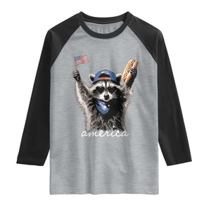 Funny America Raccoon Happy 4th of July Raglan Shirt Holding Hotdog and US Flag Patriotic Graphic