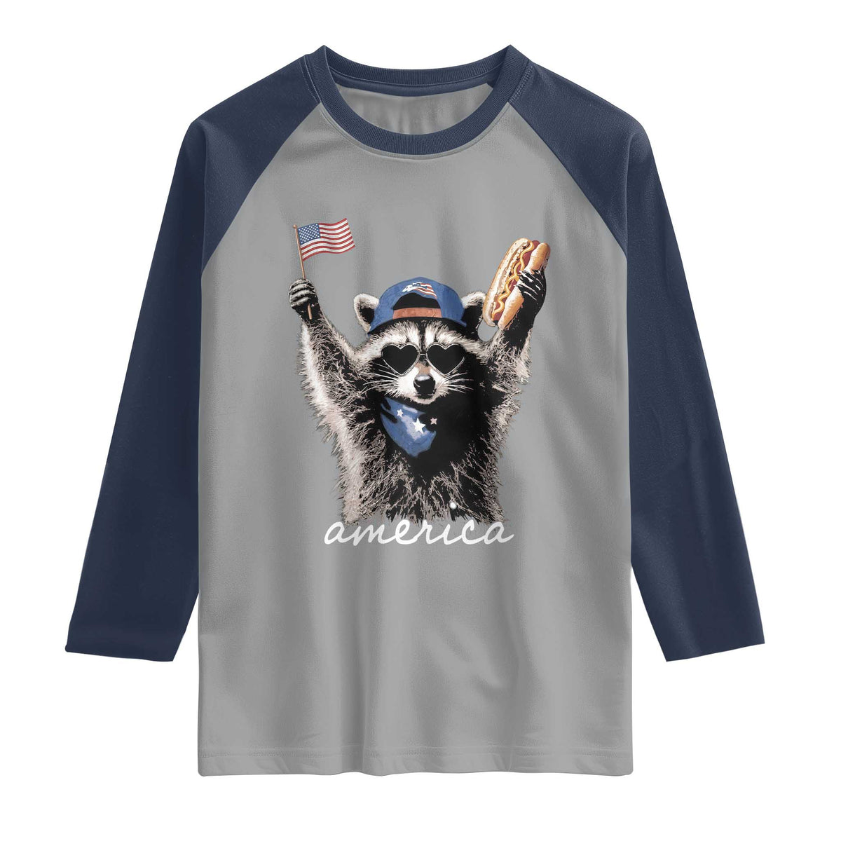 Funny America Raccoon Happy 4th of July Raglan Shirt Holding Hotdog and US Flag Patriotic Graphic