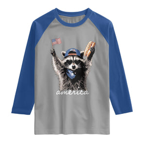Funny America Raccoon Happy 4th of July Raglan Shirt Holding Hotdog and US Flag Patriotic Graphic