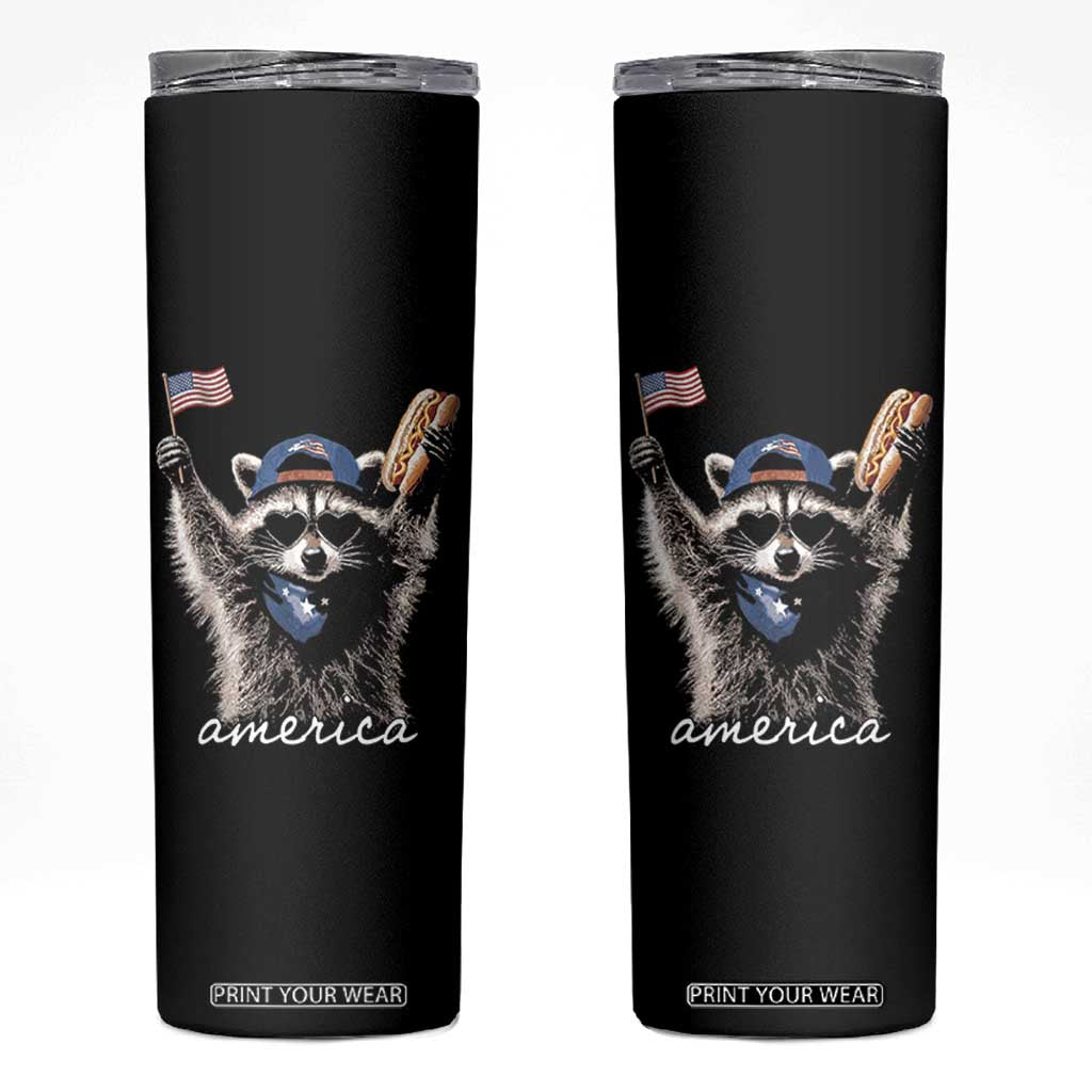Funny America Raccoon Happy 4th of July Skinny Tumbler Holding Hotdog and US Flag Patriotic Graphic TS02 Black Print Your Wear