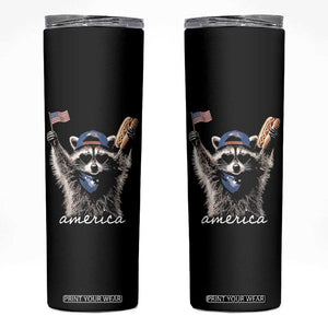 Funny America Raccoon Happy 4th of July Skinny Tumbler Holding Hotdog and US Flag Patriotic Graphic TS02 Black Print Your Wear
