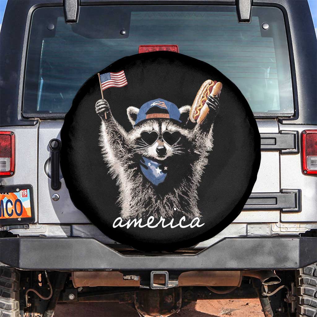 Funny America Raccoon Happy 4th of July Spare Tire Cover Holding Hotdog and US Flag Patriotic Graphic TS02 No hole Black Print Your Wear