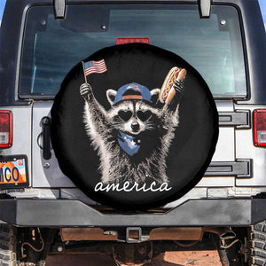 Funny America Raccoon Happy 4th of July Spare Tire Cover Holding Hotdog and US Flag Patriotic Graphic TS02 No hole Black Print Your Wear