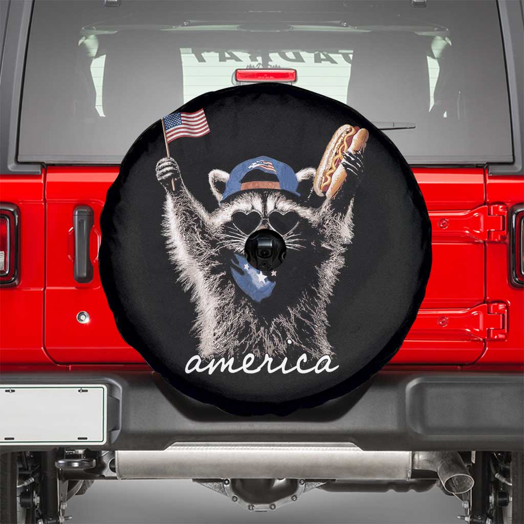 Funny America Raccoon Happy 4th of July Spare Tire Cover Holding Hotdog and US Flag Patriotic Graphic TS02 Black Print Your Wear