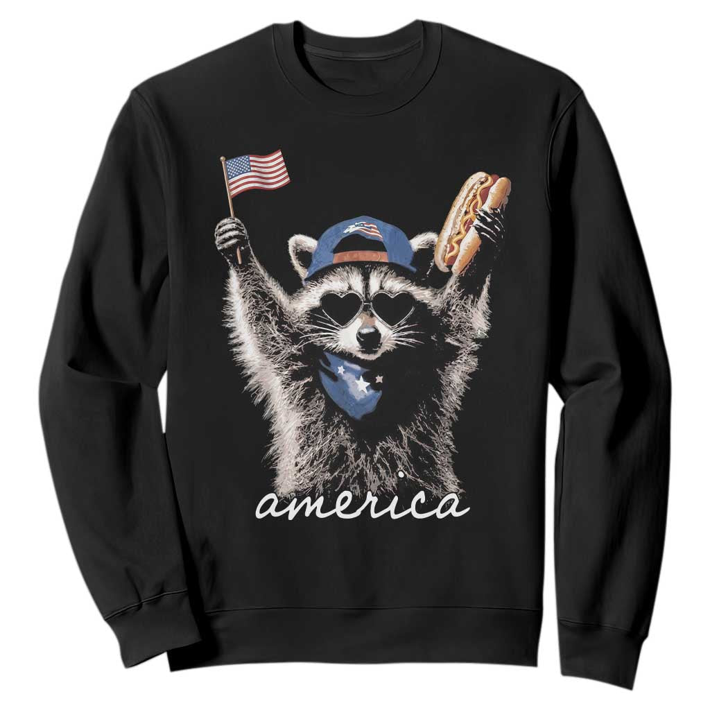 Funny America Raccoon Happy 4th of July Sweatshirt Holding Hotdog and US Flag Patriotic Graphic