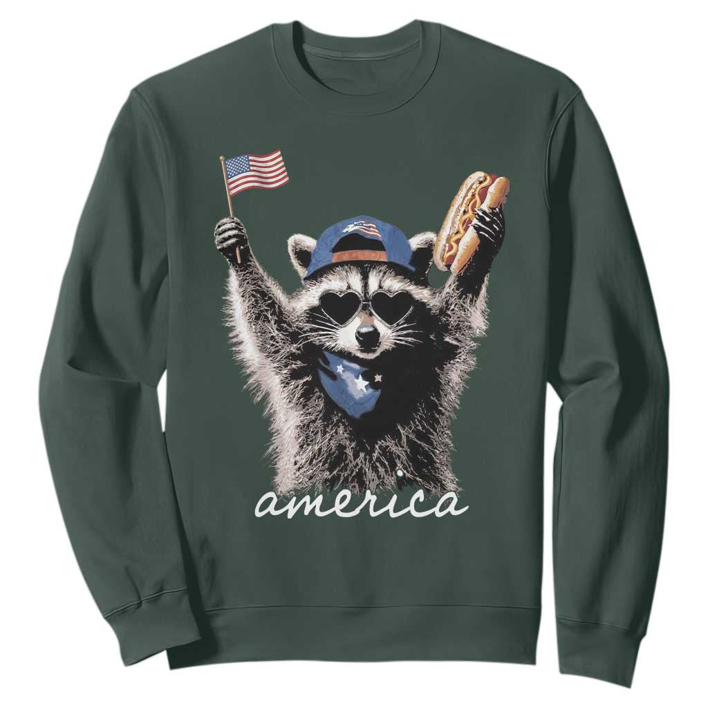 Funny America Raccoon Happy 4th of July Sweatshirt Holding Hotdog and US Flag Patriotic Graphic