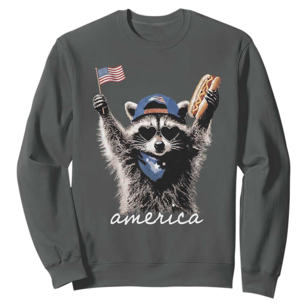 Funny America Raccoon Happy 4th of July Sweatshirt Holding Hotdog and US Flag Patriotic Graphic