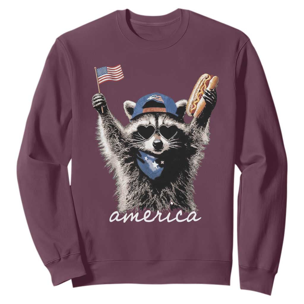 Funny America Raccoon Happy 4th of July Sweatshirt Holding Hotdog and US Flag Patriotic Graphic