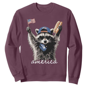 Funny America Raccoon Happy 4th of July Sweatshirt Holding Hotdog and US Flag Patriotic Graphic