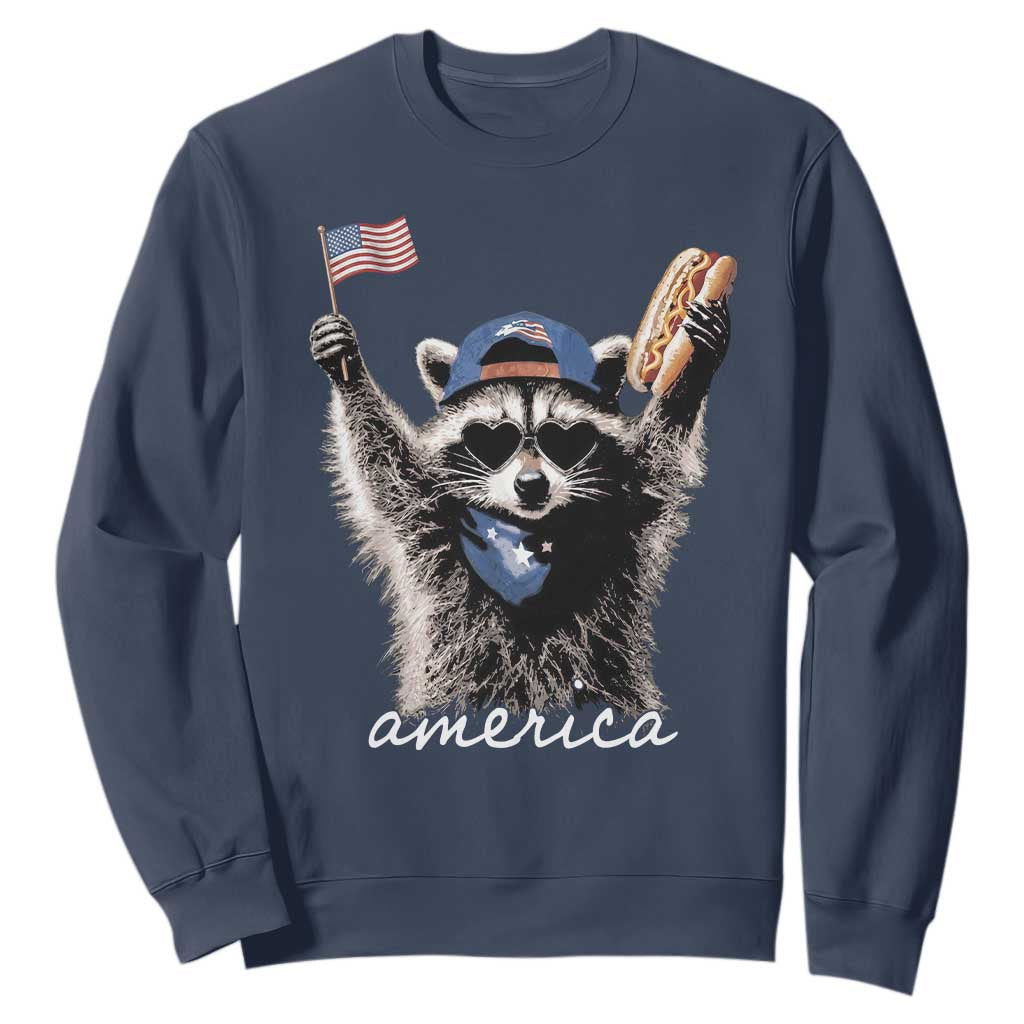 Funny America Raccoon Happy 4th of July Sweatshirt Holding Hotdog and US Flag Patriotic Graphic