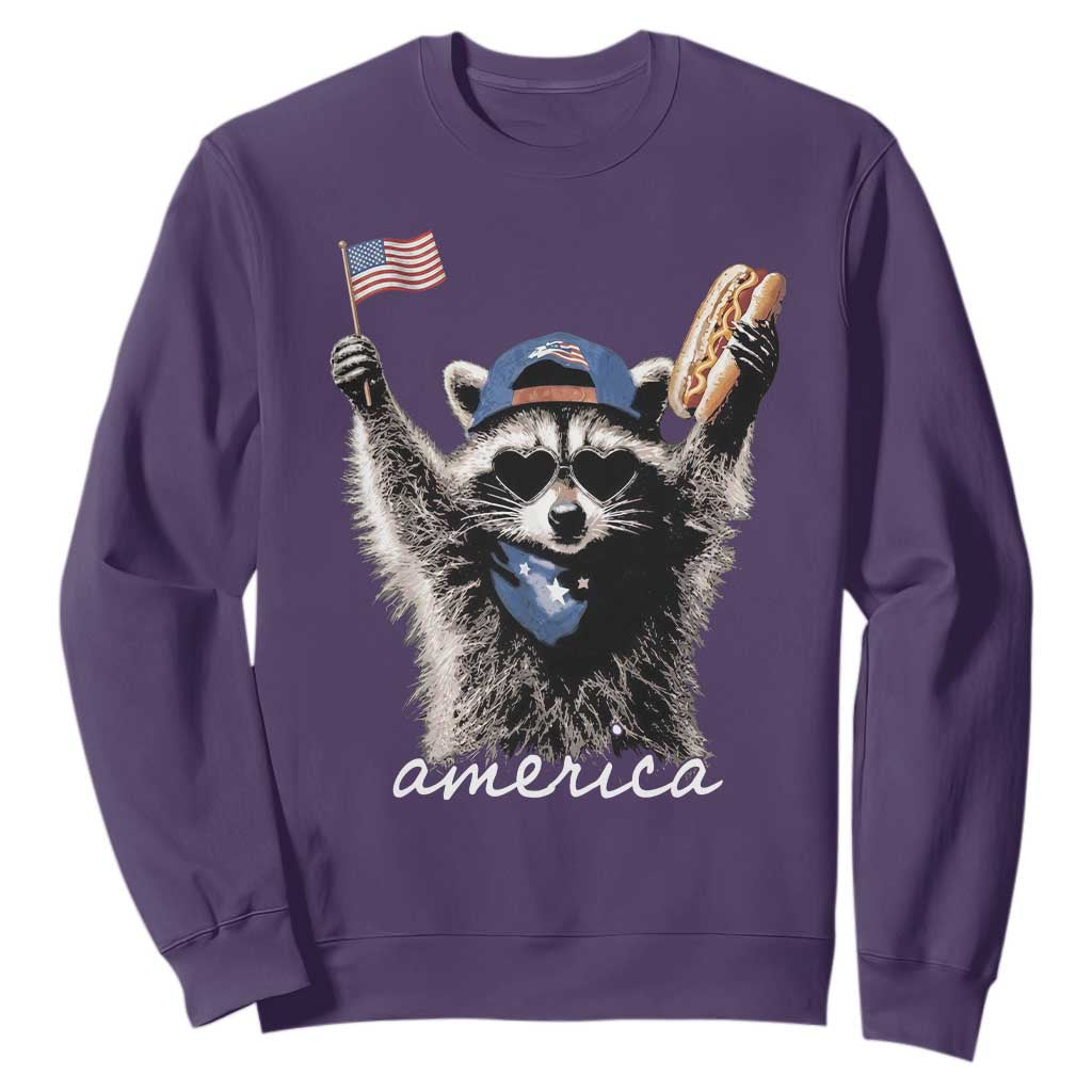 Funny America Raccoon Happy 4th of July Sweatshirt Holding Hotdog and US Flag Patriotic Graphic