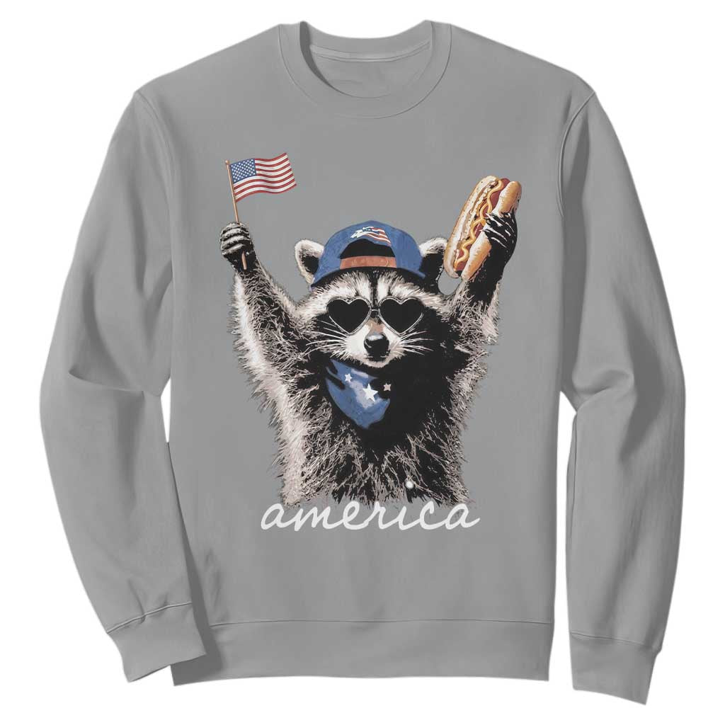 Funny America Raccoon Happy 4th of July Sweatshirt Holding Hotdog and US Flag Patriotic Graphic