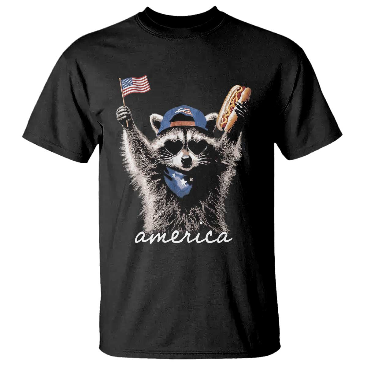 Funny America Raccoon Happy 4th of July T Shirt Holding Hotdog and US Flag Patriotic Graphic