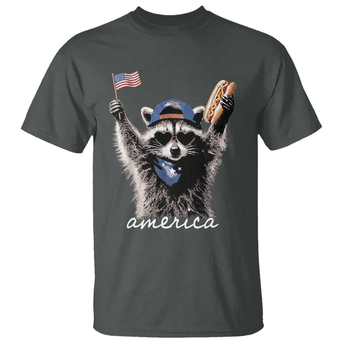 Funny America Raccoon Happy 4th of July T Shirt Holding Hotdog and US Flag Patriotic Graphic