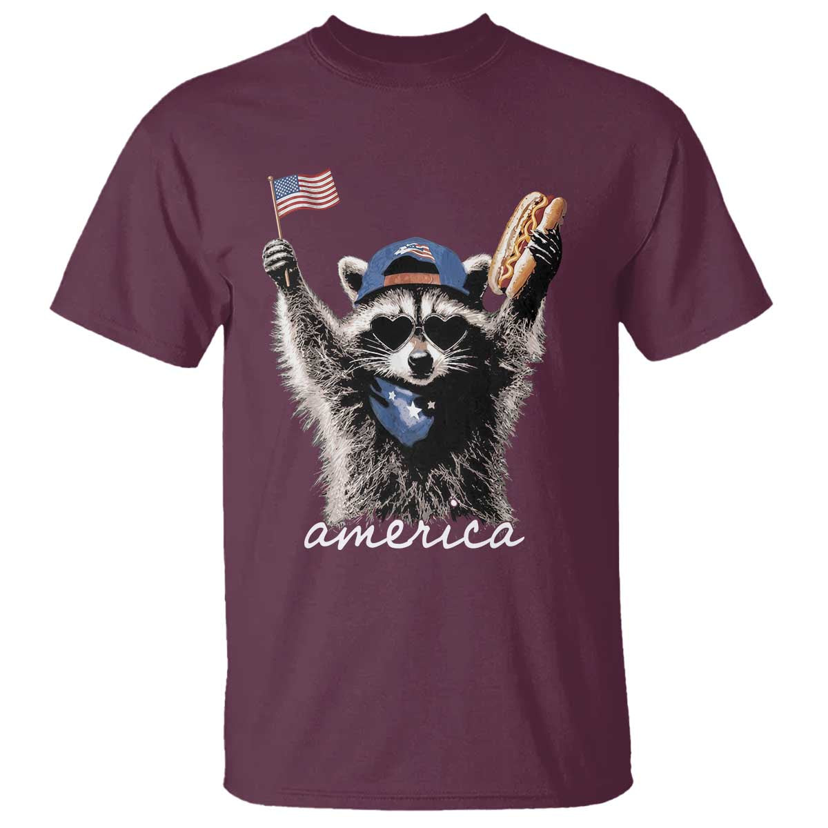 Funny America Raccoon Happy 4th of July T Shirt Holding Hotdog and US Flag Patriotic Graphic