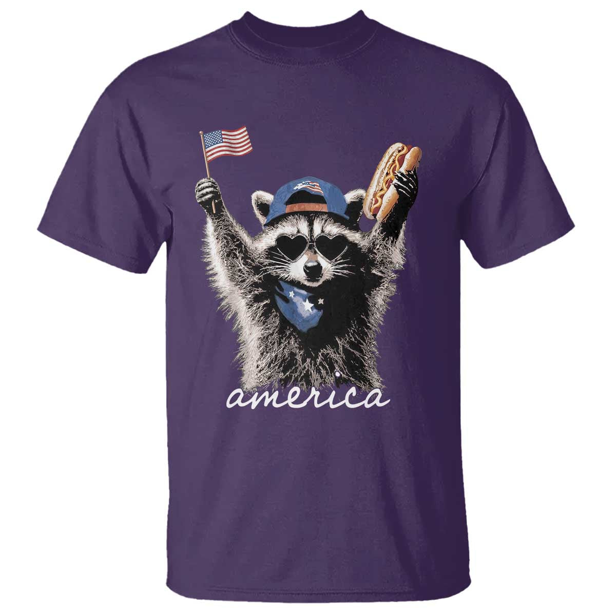 Funny America Raccoon Happy 4th of July T Shirt Holding Hotdog and US Flag Patriotic Graphic
