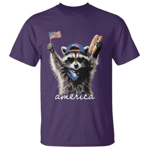 Funny America Raccoon Happy 4th of July T Shirt Holding Hotdog and US Flag Patriotic Graphic
