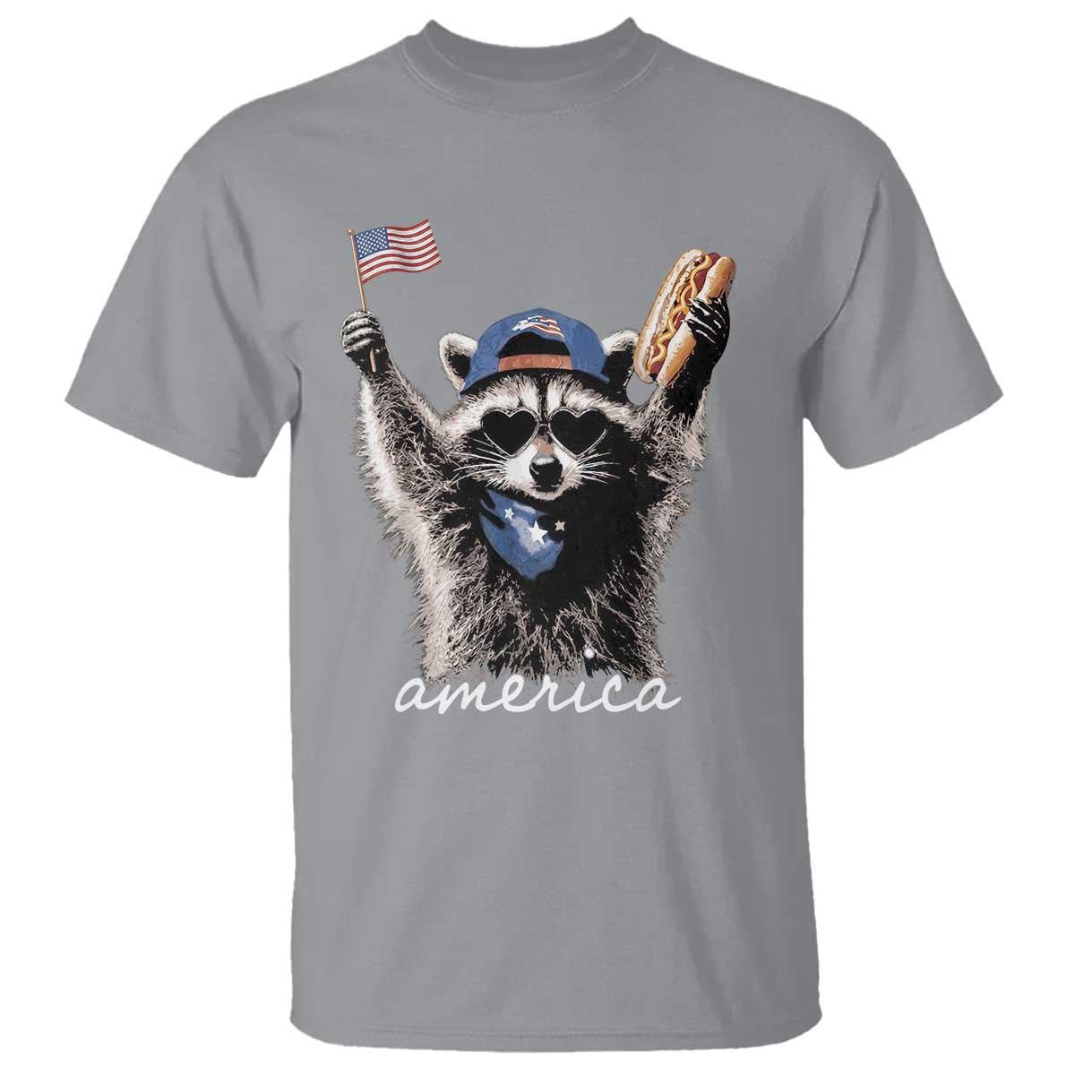 Funny America Raccoon Happy 4th of July T Shirt Holding Hotdog and US Flag Patriotic Graphic