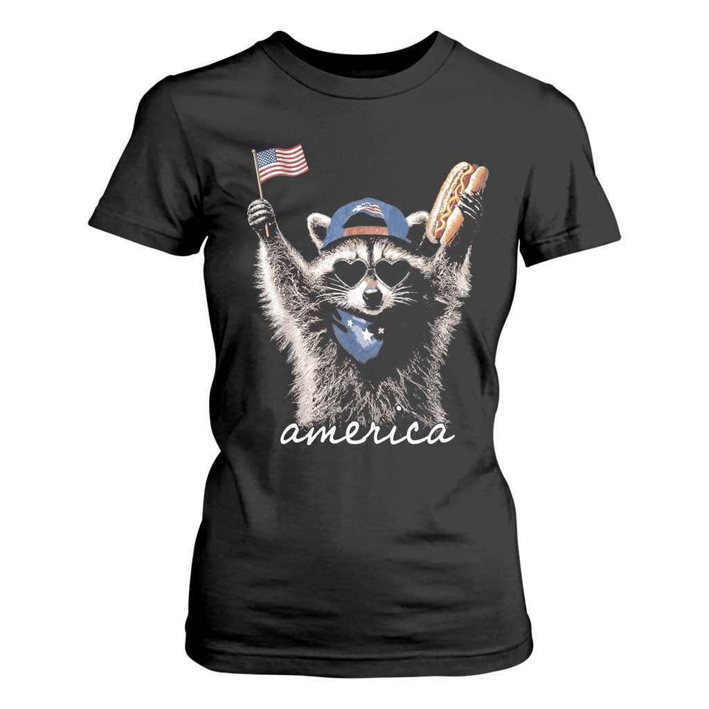Funny America Raccoon Happy 4th of July T Shirt For Women Holding Hotdog and US Flag Patriotic Graphic