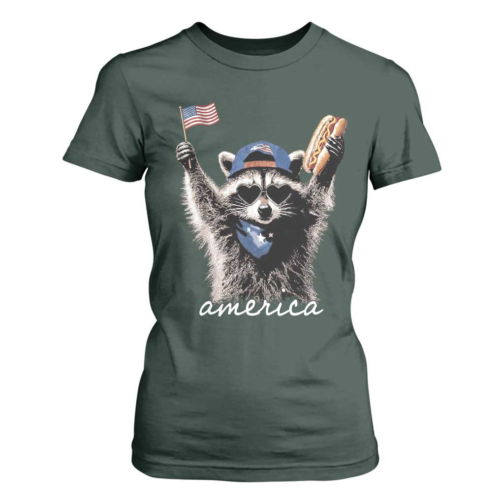 Funny America Raccoon Happy 4th of July T Shirt For Women Holding Hotdog and US Flag Patriotic Graphic