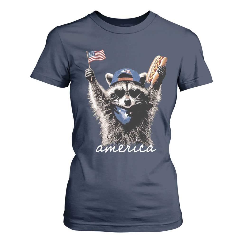 Funny America Raccoon Happy 4th of July T Shirt For Women Holding Hotdog and US Flag Patriotic Graphic