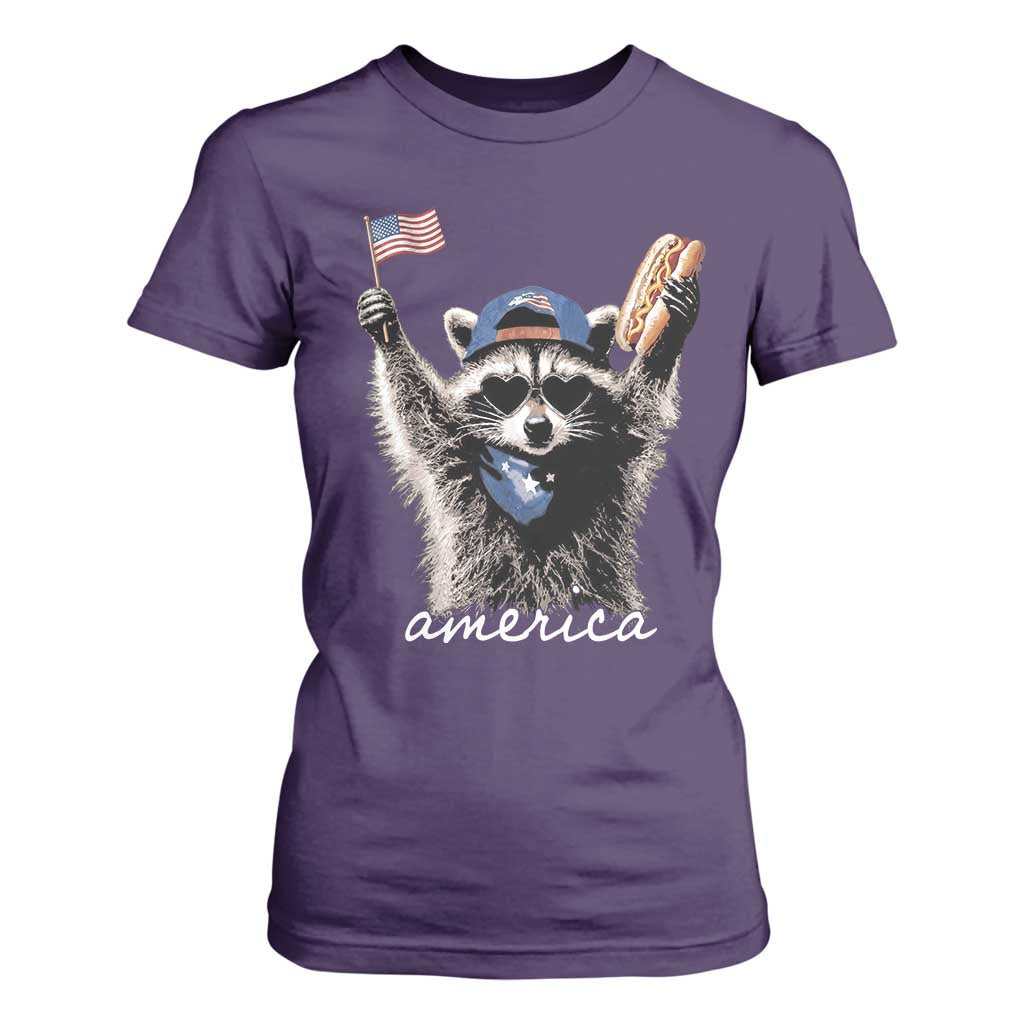 Funny America Raccoon Happy 4th of July T Shirt For Women Holding Hotdog and US Flag Patriotic Graphic