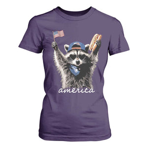 Funny America Raccoon Happy 4th of July T Shirt For Women Holding Hotdog and US Flag Patriotic Graphic
