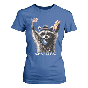 Funny America Raccoon Happy 4th of July T Shirt For Women Holding Hotdog and US Flag Patriotic Graphic