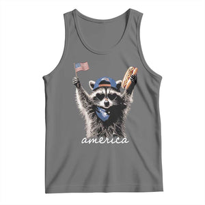 Funny America Raccoon Happy 4th of July Tank Top Holding Hotdog and US Flag Patriotic Graphic