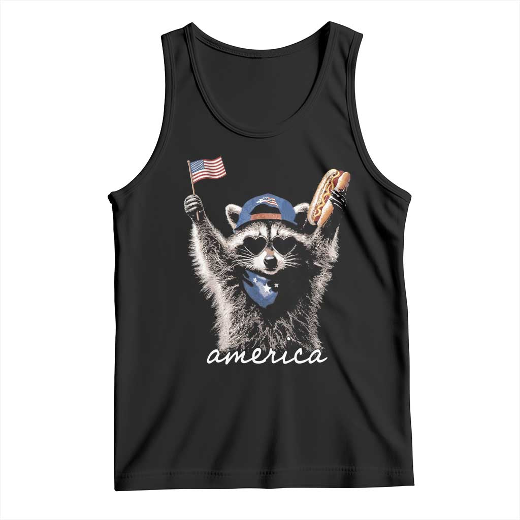 Funny America Raccoon Happy 4th of July Tank Top Holding Hotdog and US Flag Patriotic Graphic TS02 Black Print Your Wear