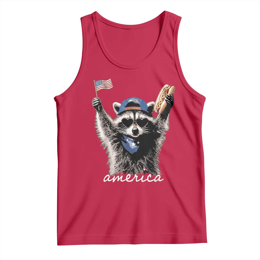 Funny America Raccoon Happy 4th of July Tank Top Holding Hotdog and US Flag Patriotic Graphic