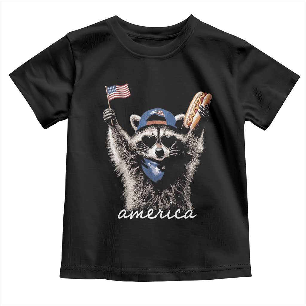 Funny America Raccoon Happy 4th of July Toddler T Shirt Holding Hotdog and US Flag Patriotic Graphic