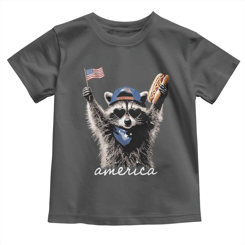 Funny America Raccoon Happy 4th of July Toddler T Shirt Holding Hotdog and US Flag Patriotic Graphic