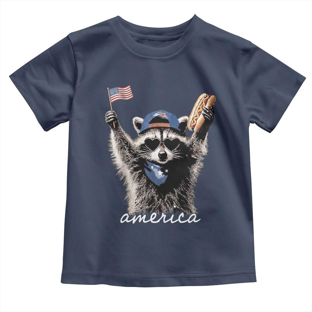 Funny America Raccoon Happy 4th of July Toddler T Shirt Holding Hotdog and US Flag Patriotic Graphic