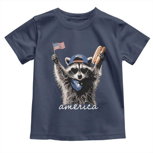 Funny America Raccoon Happy 4th of July Toddler T Shirt Holding Hotdog and US Flag Patriotic Graphic