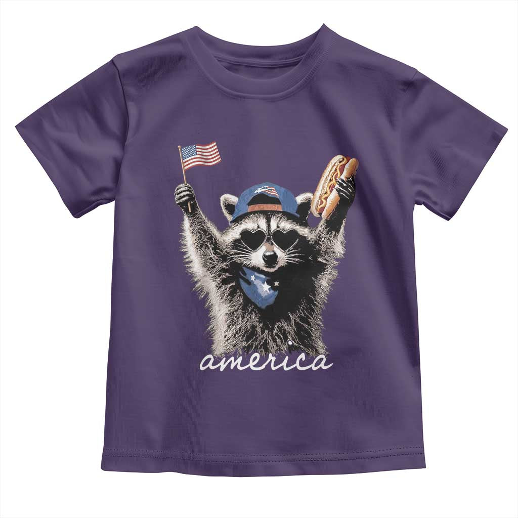 Funny America Raccoon Happy 4th of July Toddler T Shirt Holding Hotdog and US Flag Patriotic Graphic
